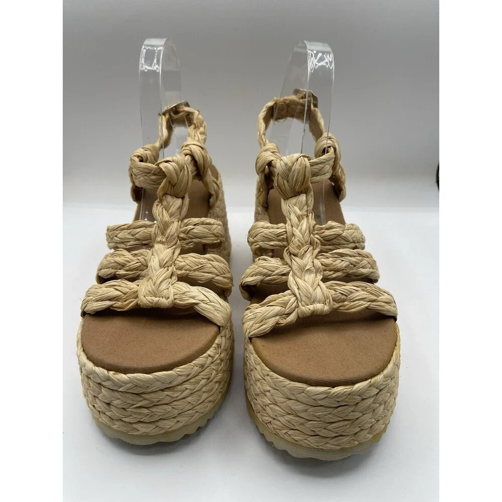 Free People Platform Sandals Beige Raffia Rendevous Braided Weave Shoes Size 10